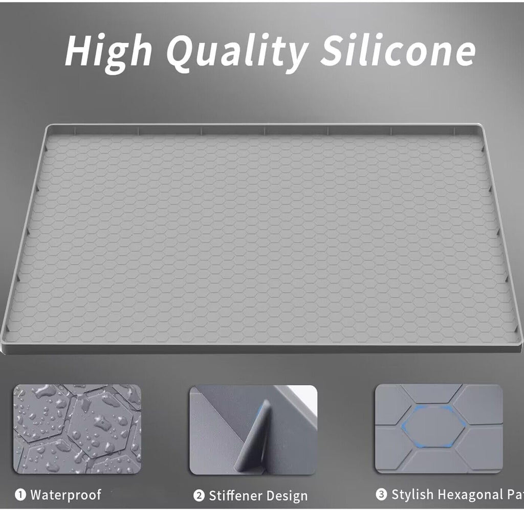 SAZTEAY Waterproof Under Sink Mat (28” × 19”) | Silicone Cabinet Protector Tray for Kitchen & Bathroom – Grey