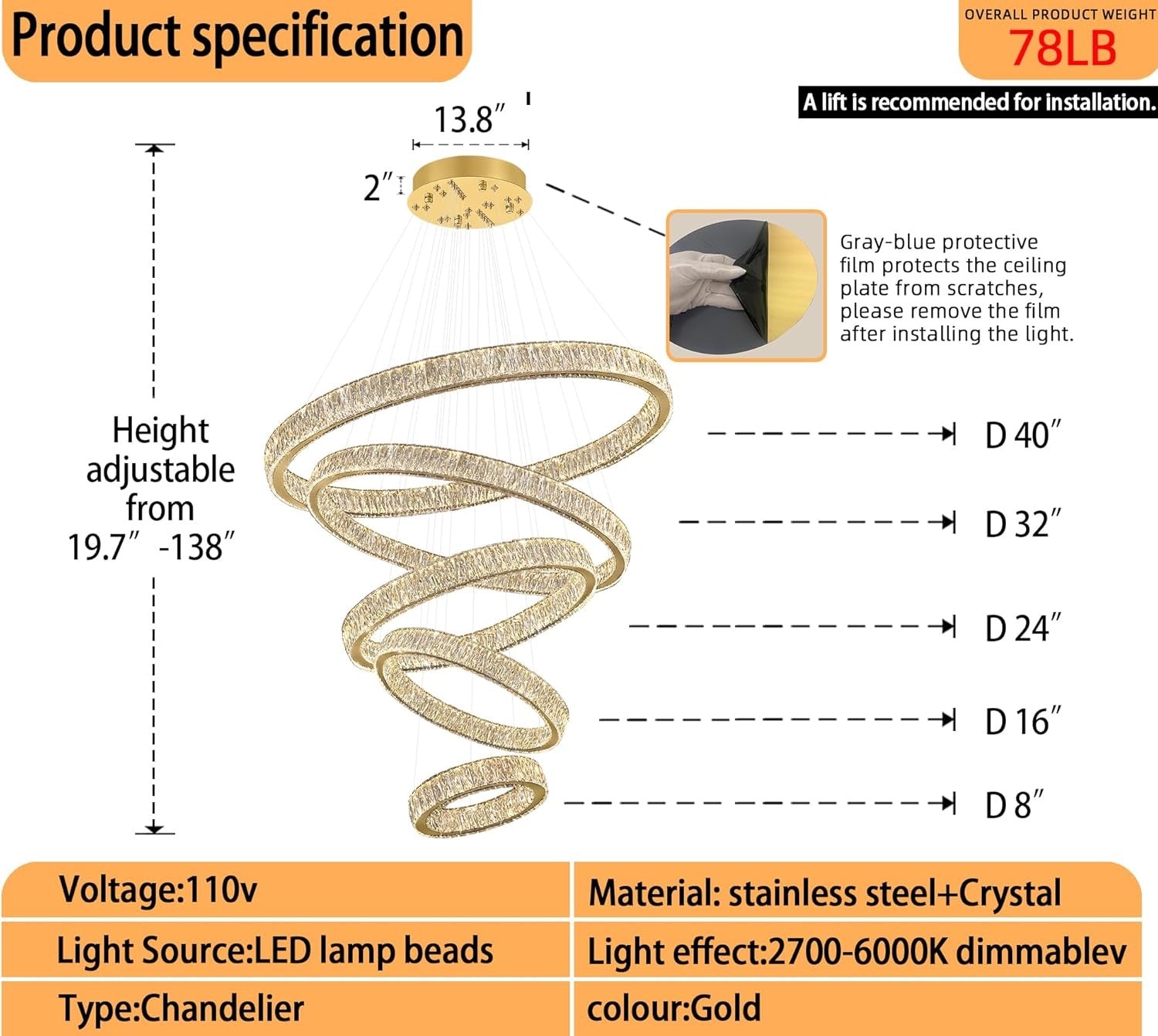 Modern 5-Ring Luxury Crystal Chandelier | High Ceiling Ceiling Light Fixture (Gold)
