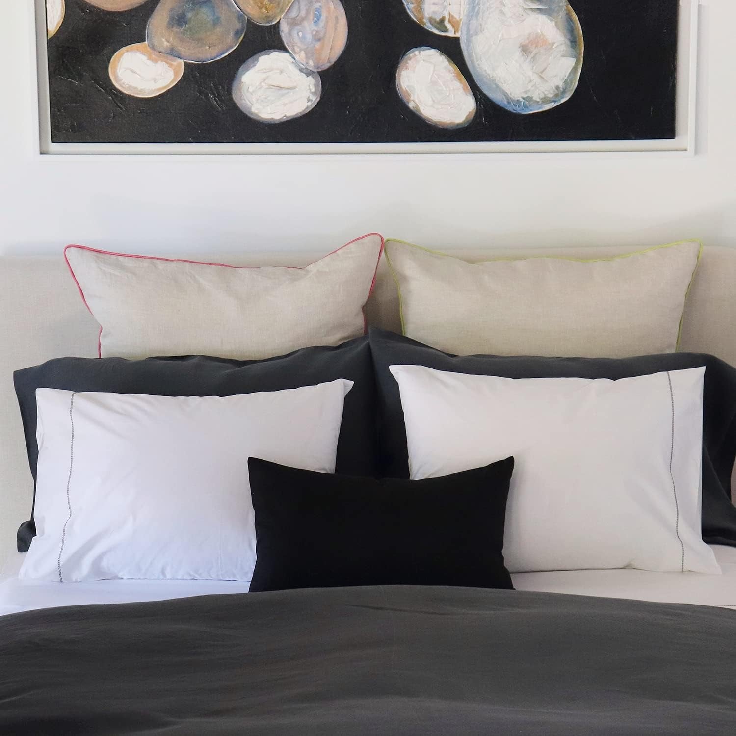 Huddleson 500TC Cotton Percale Sheet Set | White Italian Luxury Sheets with Black Hemstitch Trim – Queen