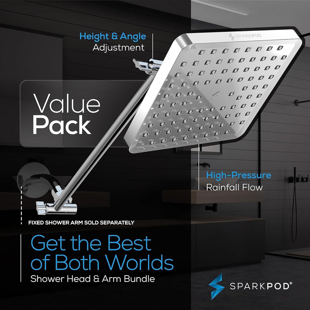 SparkPod Square Rain Shower Head with 16” Extension Arm | High-Pressure Chrome Rainfall Showerhead