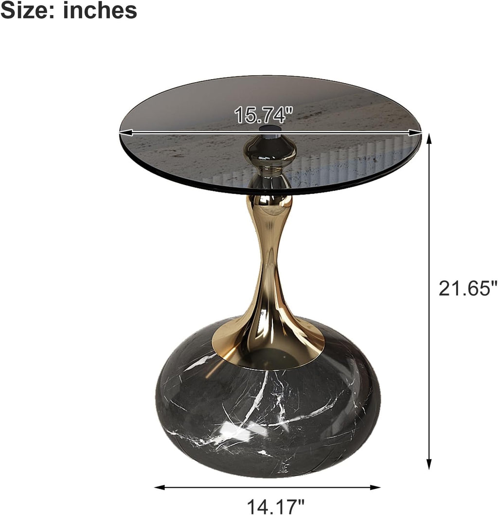Lartis Tempered Glass Side Table | Gray Glass Accent Table with Marble Base & Gold/Black Frame