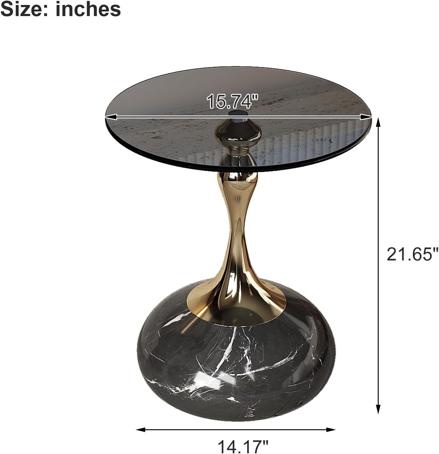 Lartis Tempered Glass Side Table | Gray Glass Accent Table with Marble Base & Gold/Black Frame