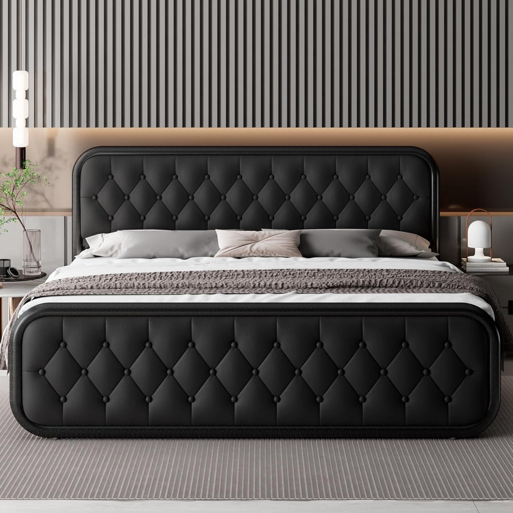 Feonase King Upholstered Platform Bed | Faux Leather Headboard with Metal Slat Support – Black
