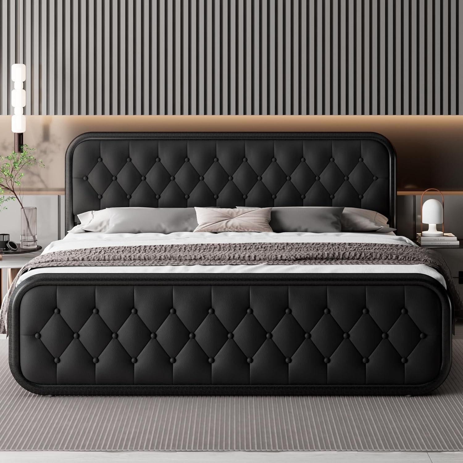 Feonase King Upholstered Platform Bed | Faux Leather Headboard with Metal Slat Support – Black