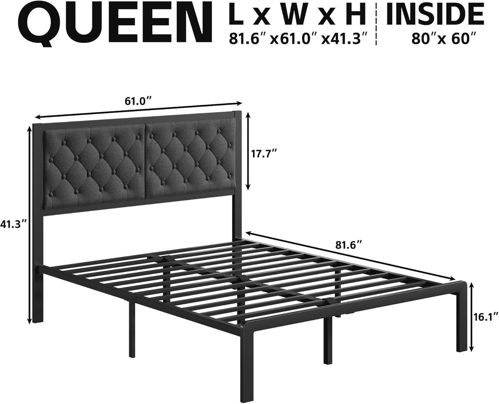 Queen Linen Upholstered Platform Bed Frame | Metal Slat Support Bed with Headboard (Grey)