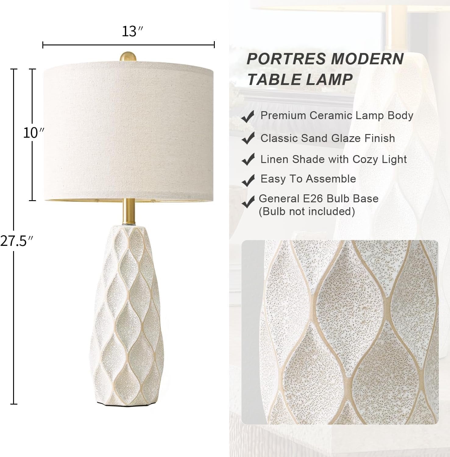 27.5″ Ceramic Table Lamps (Set of 2) | Modern Boho Bedside & Living Room Lamps (White)