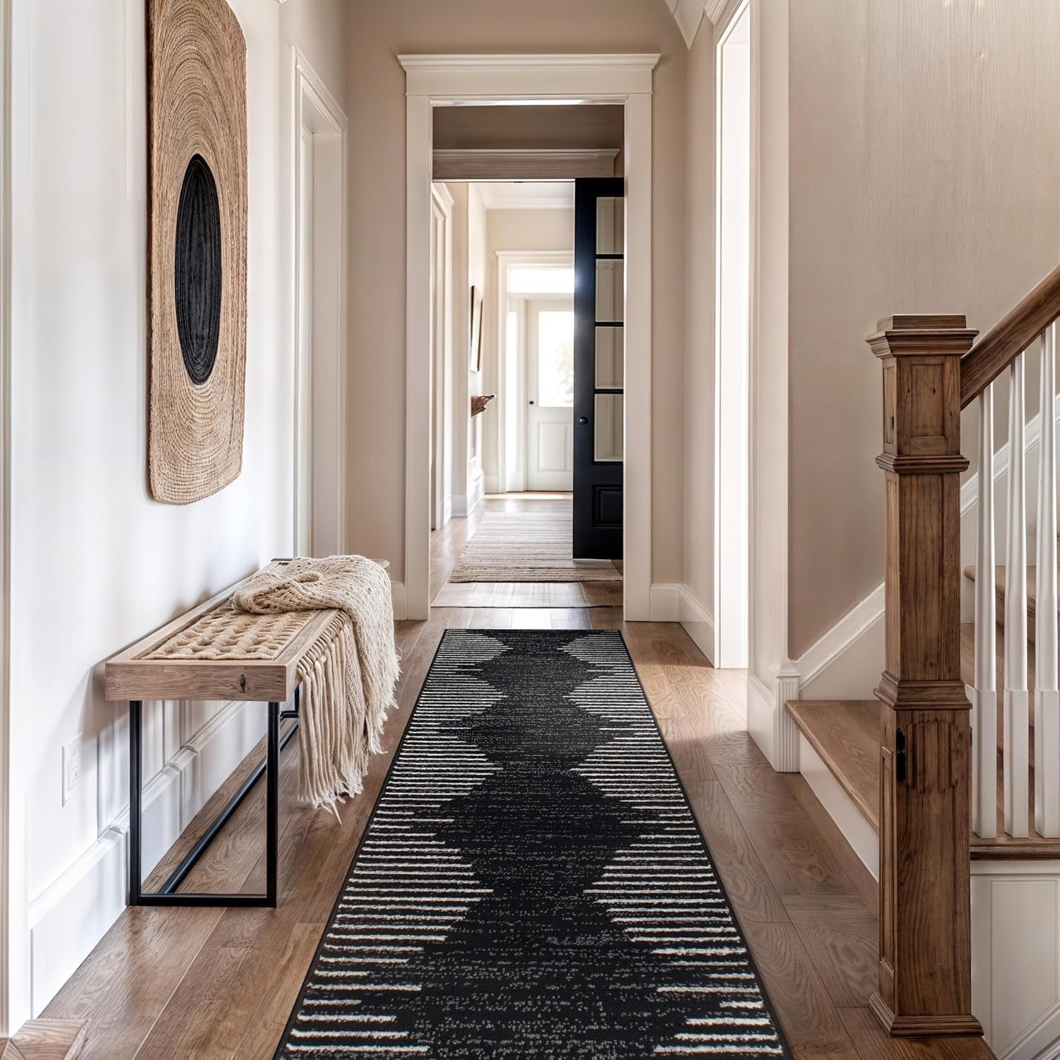 Rugshop Bohemian Stripe Runner Rug | Black 2' x 10' Stain-Resistant Runner