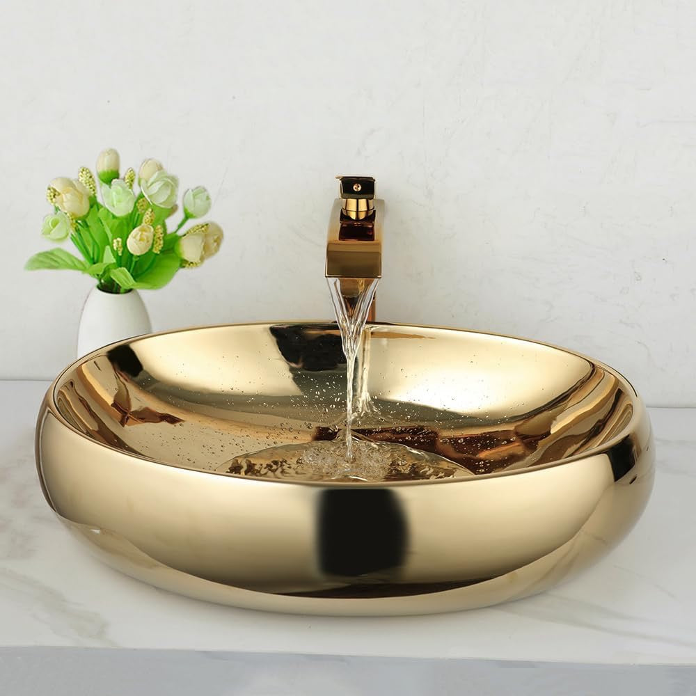 23 Inch Gold Ceramic Vessel Sink with Waterfall Faucet | Oval Above Counter Bathroom Sink with Pop-Up Drain