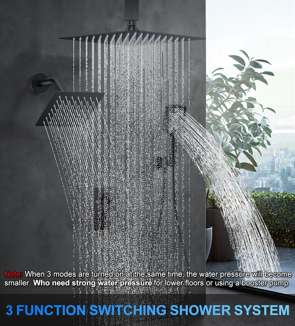 12" Ceiling Mount Rainfall Shower System Matte Black | Dual Shower Heads with Handheld & Push Button Diverter Faucet Kit