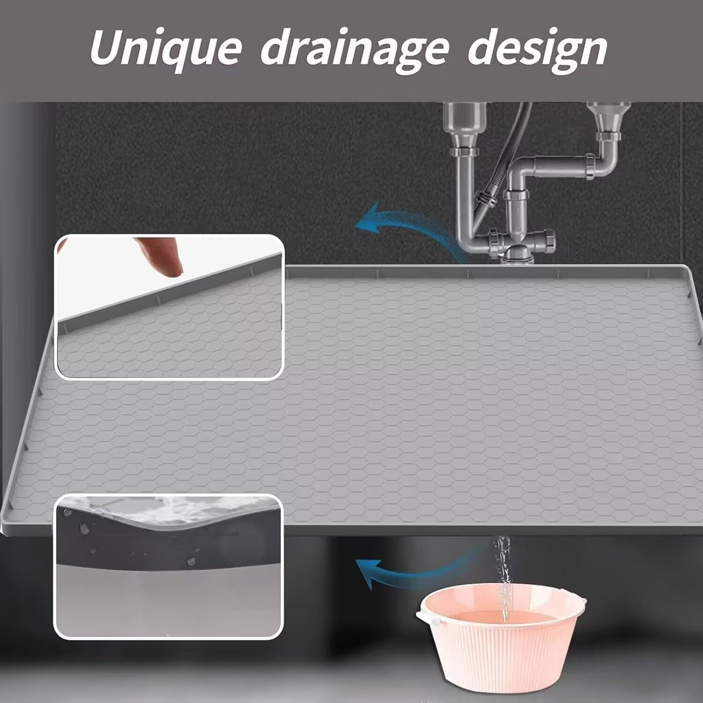 SAZTEAY Waterproof Under Sink Mat (28” × 19”) | Silicone Cabinet Protector Tray for Kitchen & Bathroom – Grey