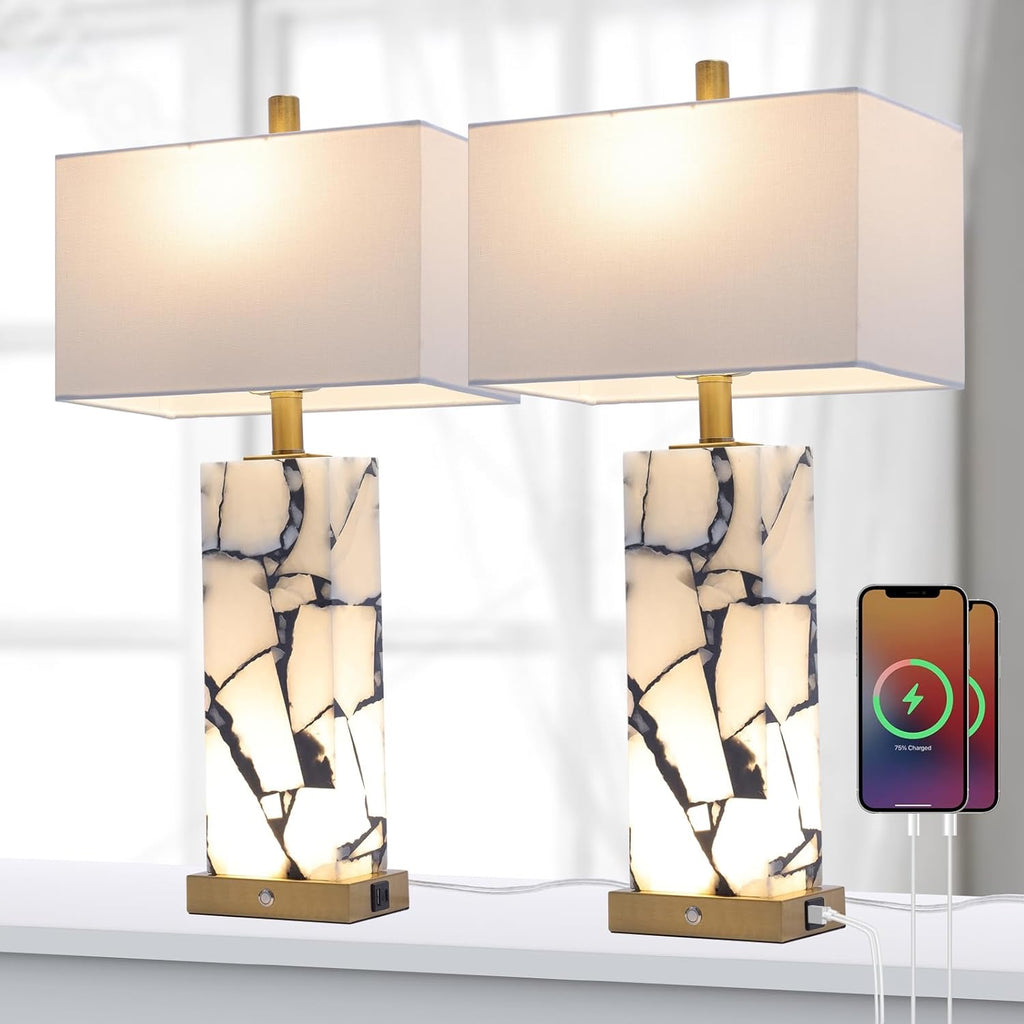Natural Marble Alabaster Table Lamps Set of 2 | 3-Color LED Bedside Lamps with USB Ports & Nightlight