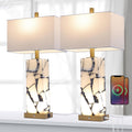Natural Marble Alabaster Table Lamps Set of 2 | 3-Color LED Bedside Lamps with USB Ports & Nightlight
