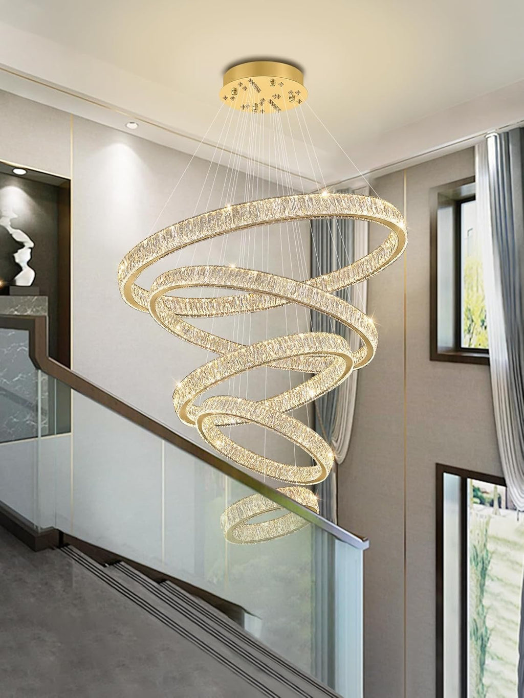 Modern 5-Ring Luxury Crystal Chandelier | High Ceiling Ceiling Light Fixture (Gold)