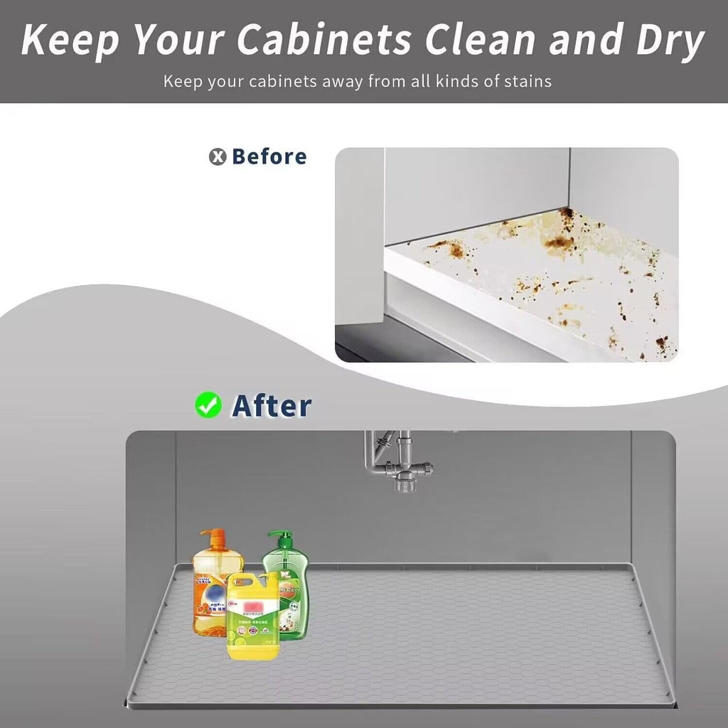 SAZTEAY Waterproof Under Sink Mat (28” × 19”) | Silicone Cabinet Protector Tray for Kitchen & Bathroom – Grey