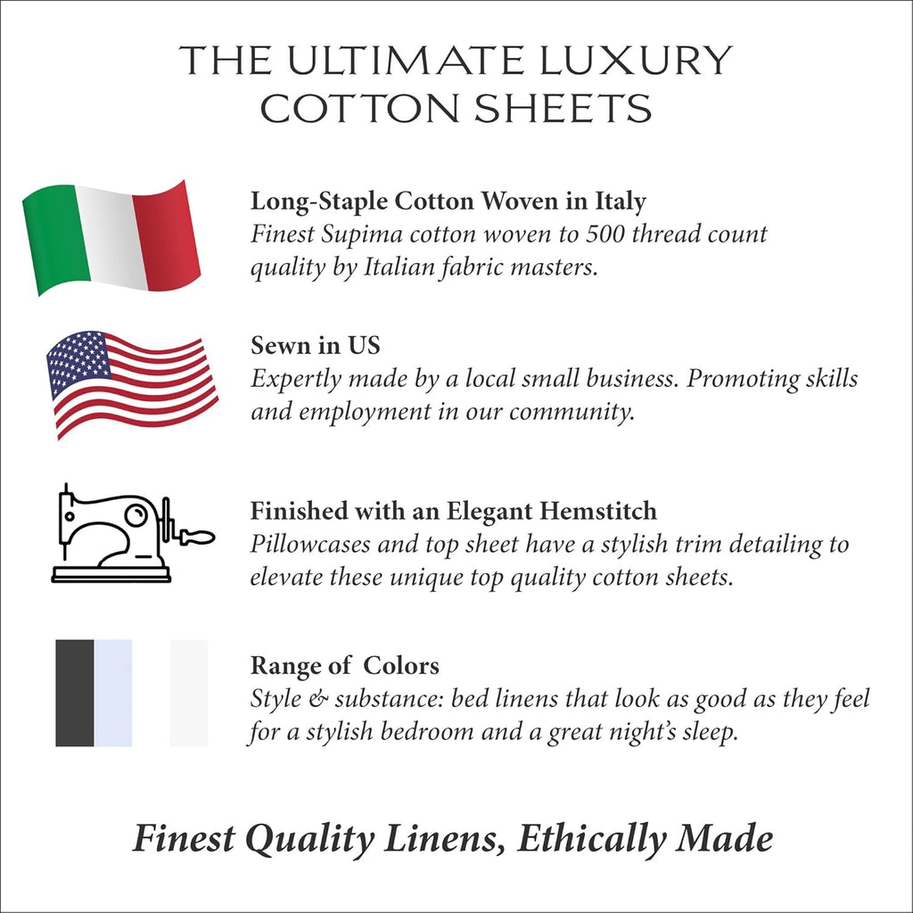 Huddleson 500TC Cotton Percale Sheet Set | White Italian Luxury Sheets with Black Hemstitch Trim – Queen