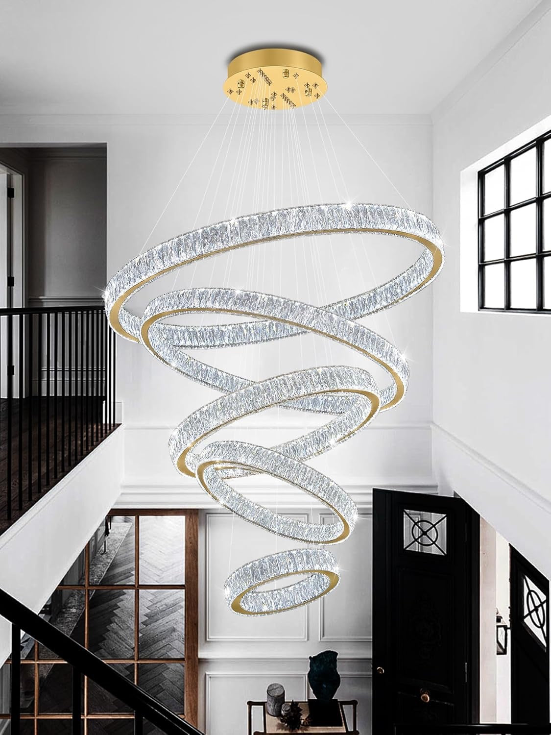 Modern 5-Ring Luxury Crystal Chandelier | High Ceiling Ceiling Light Fixture (Gold)