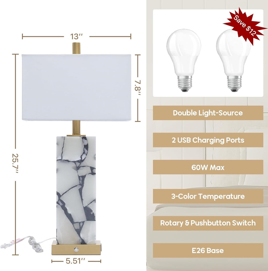 Natural Marble Alabaster Table Lamps Set of 2 | 3-Color LED Bedside Lamps with USB Ports & Nightlight