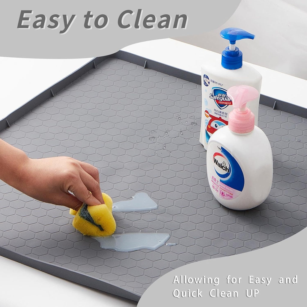 SAZTEAY Waterproof Under Sink Mat (28” × 19”) | Silicone Cabinet Protector Tray for Kitchen & Bathroom – Grey