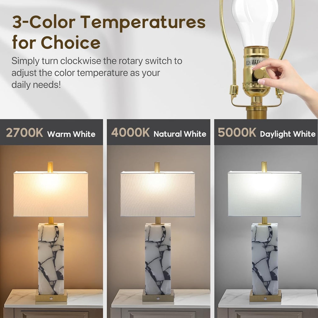 Natural Marble Alabaster Table Lamps Set of 2 | 3-Color LED Bedside Lamps with USB Ports & Nightlight