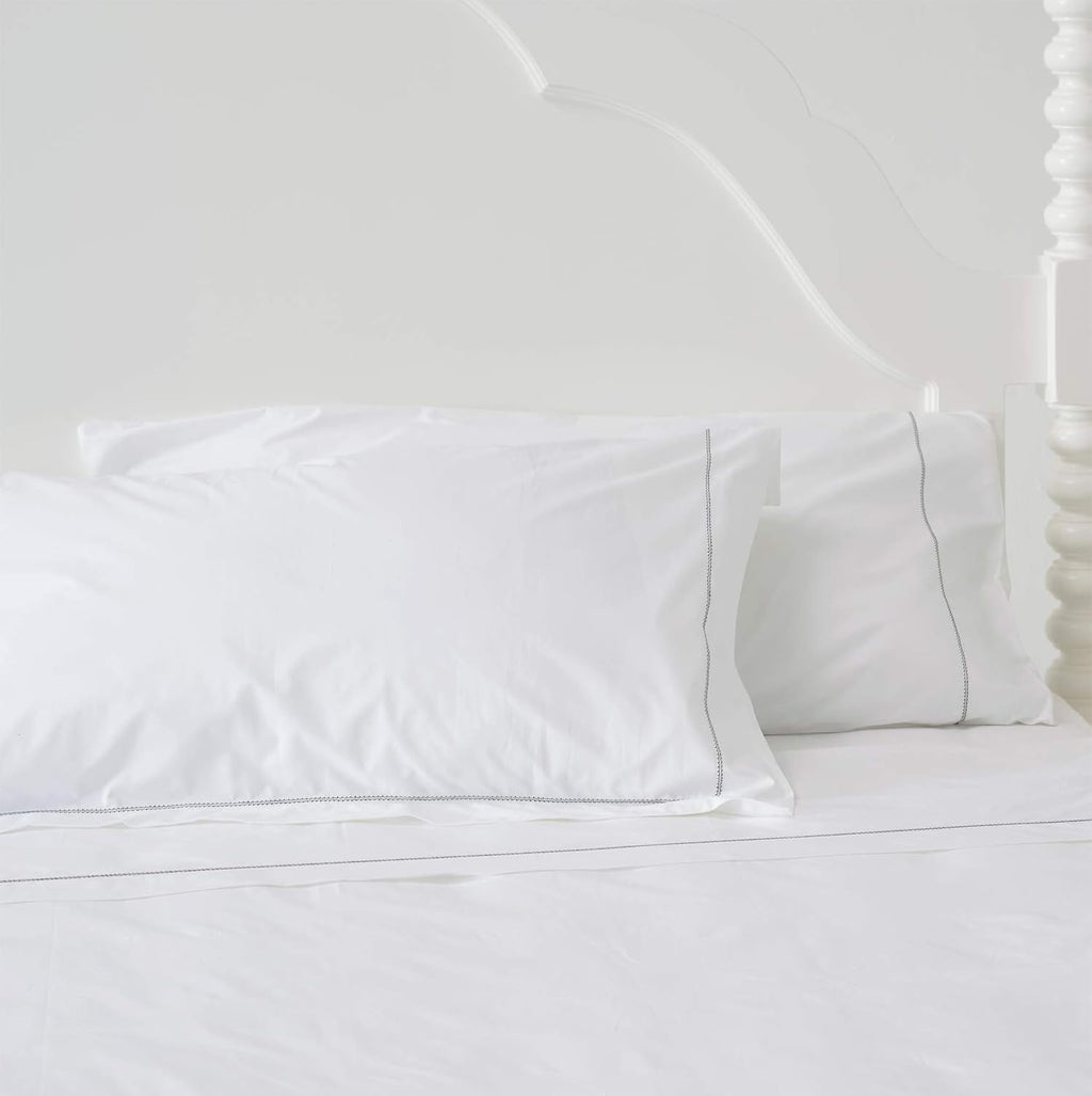 Huddleson 500TC Cotton Percale Sheet Set | White Italian Luxury Sheets with Black Hemstitch Trim – Queen
