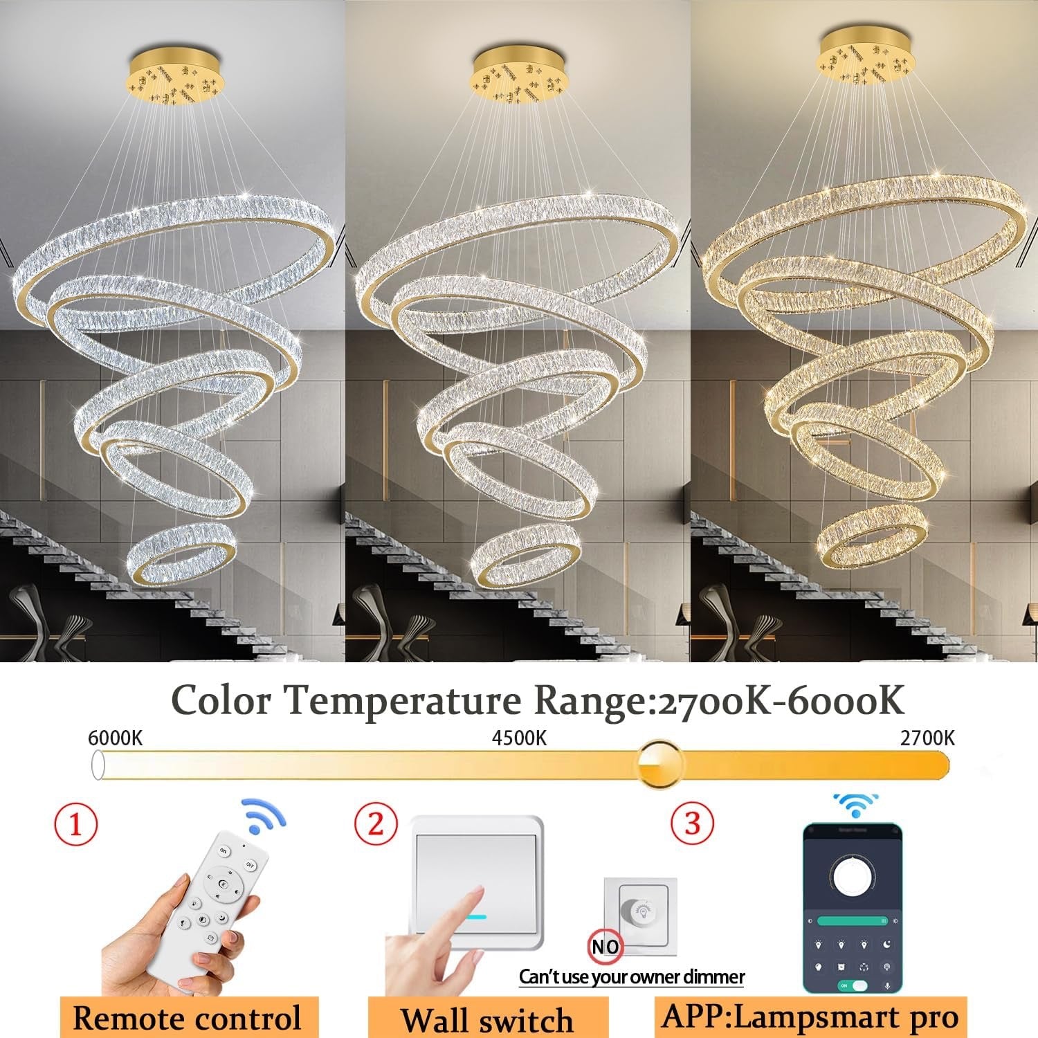 Modern 5-Ring Luxury Crystal Chandelier | High Ceiling Ceiling Light Fixture (Gold)