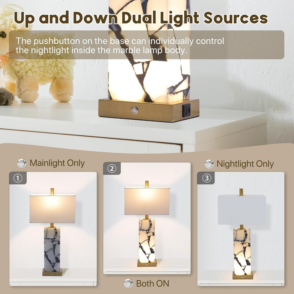 Natural Marble Alabaster Table Lamps Set of 2 | 3-Color LED Bedside Lamps with USB Ports & Nightlight