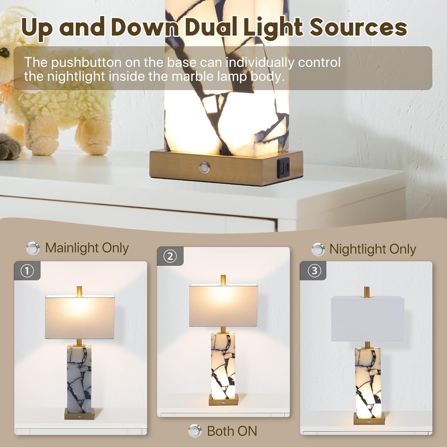 Natural Marble Alabaster Table Lamps Set of 2 | 3-Color LED Bedside Lamps with USB Ports & Nightlight