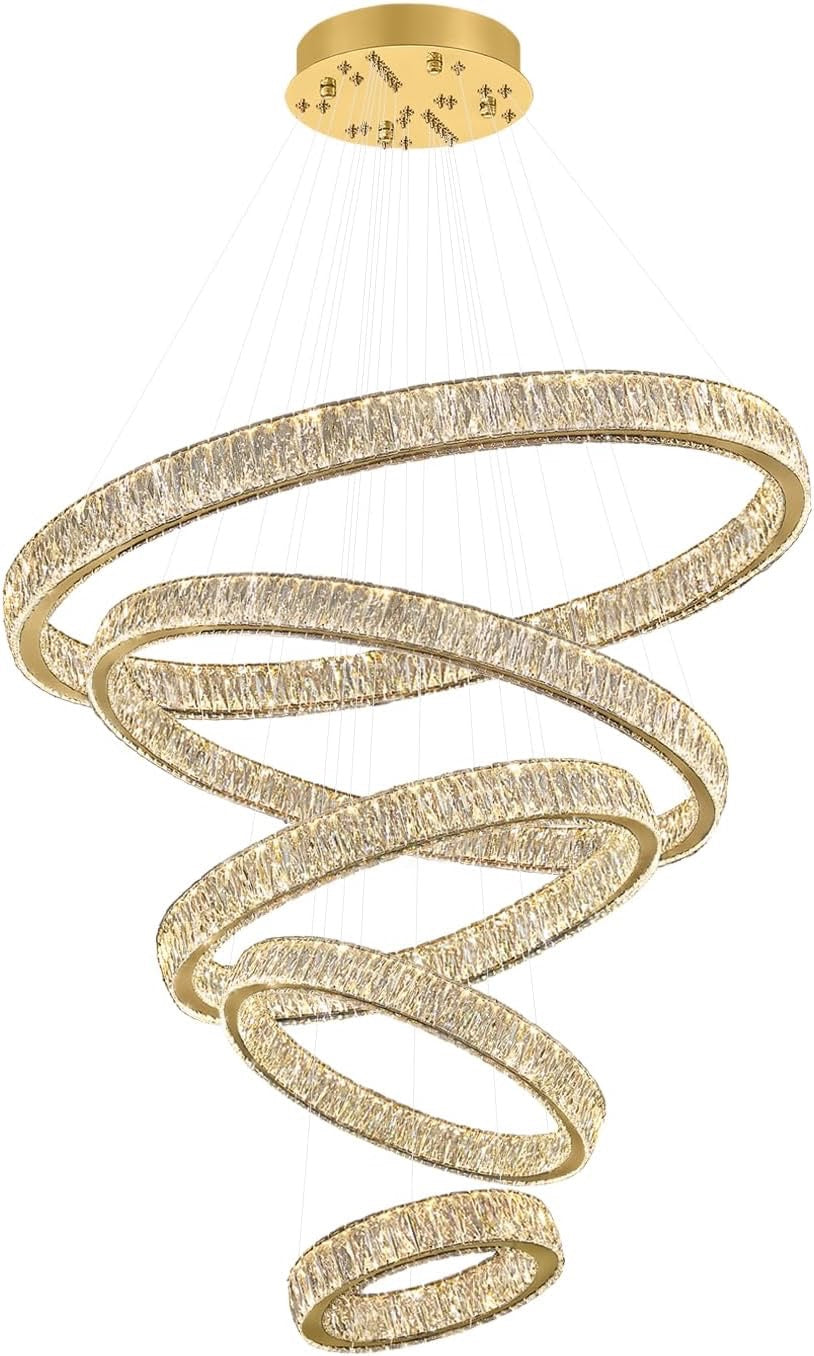 Modern 5-Ring Luxury Crystal Chandelier | High Ceiling Ceiling Light Fixture (Gold)