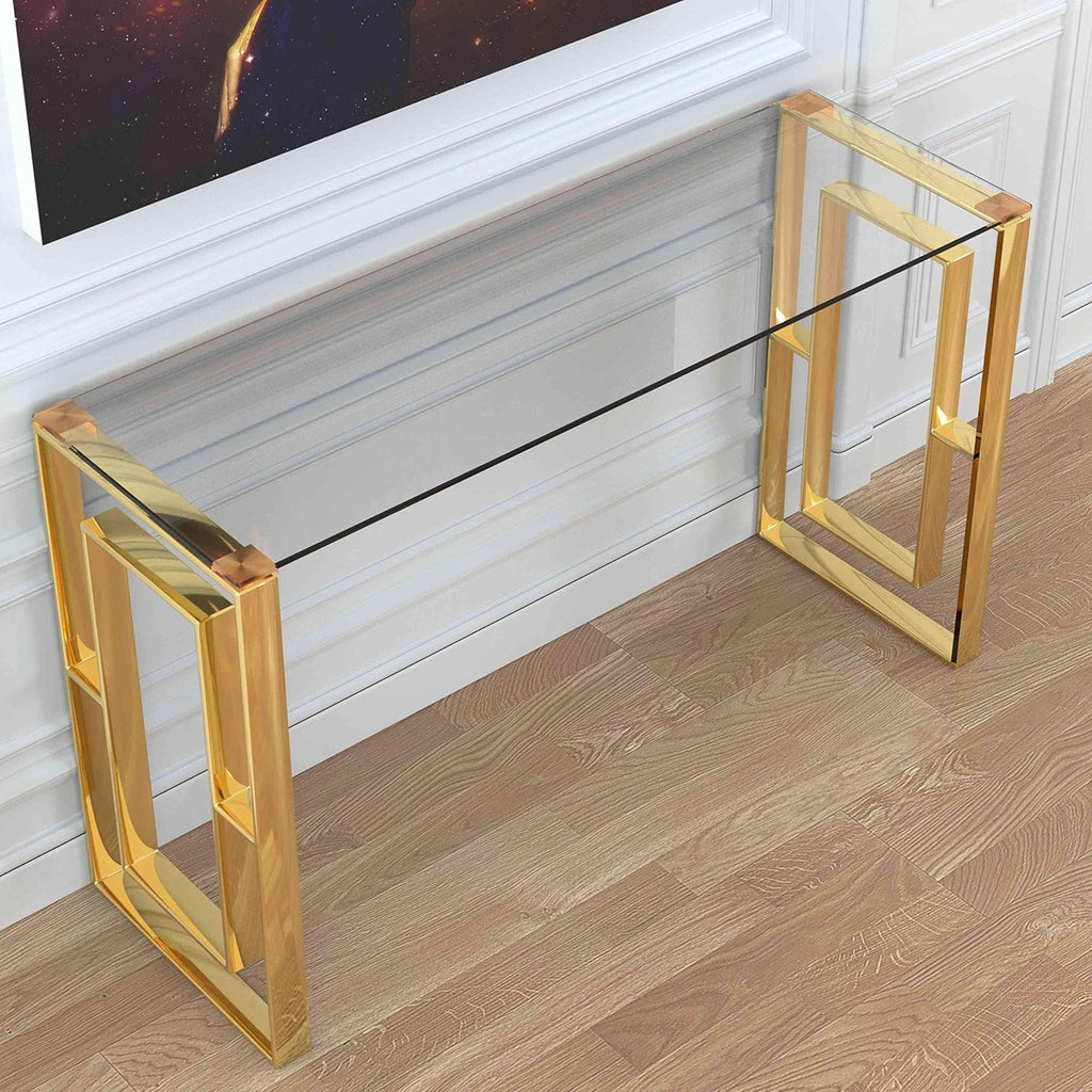 Cortesi Home Laila Gold Console Table | Stainless Steel Frame with Clear Glass Top (47”)