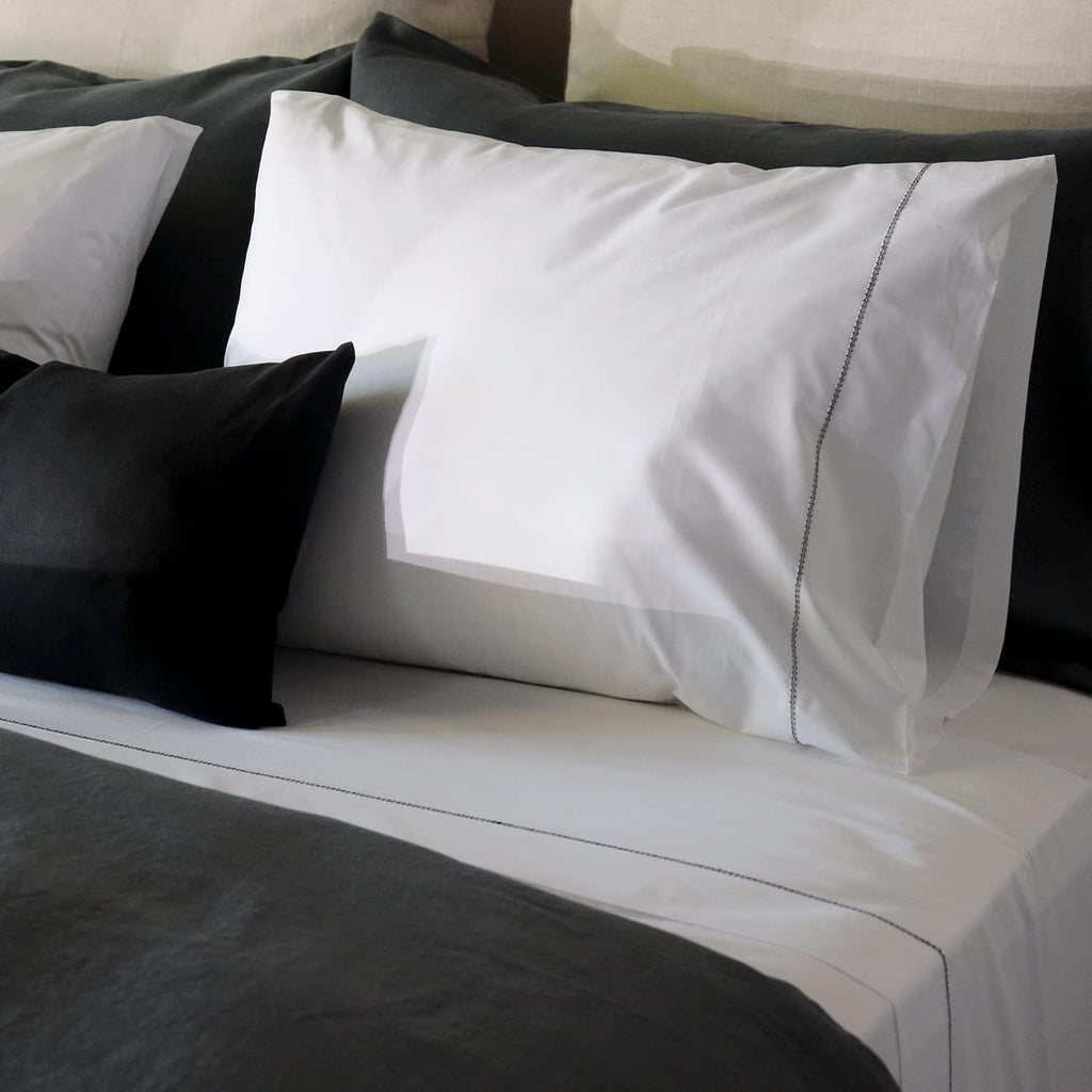 Huddleson 500TC Cotton Percale Sheet Set | White Italian Luxury Sheets with Black Hemstitch Trim – Queen