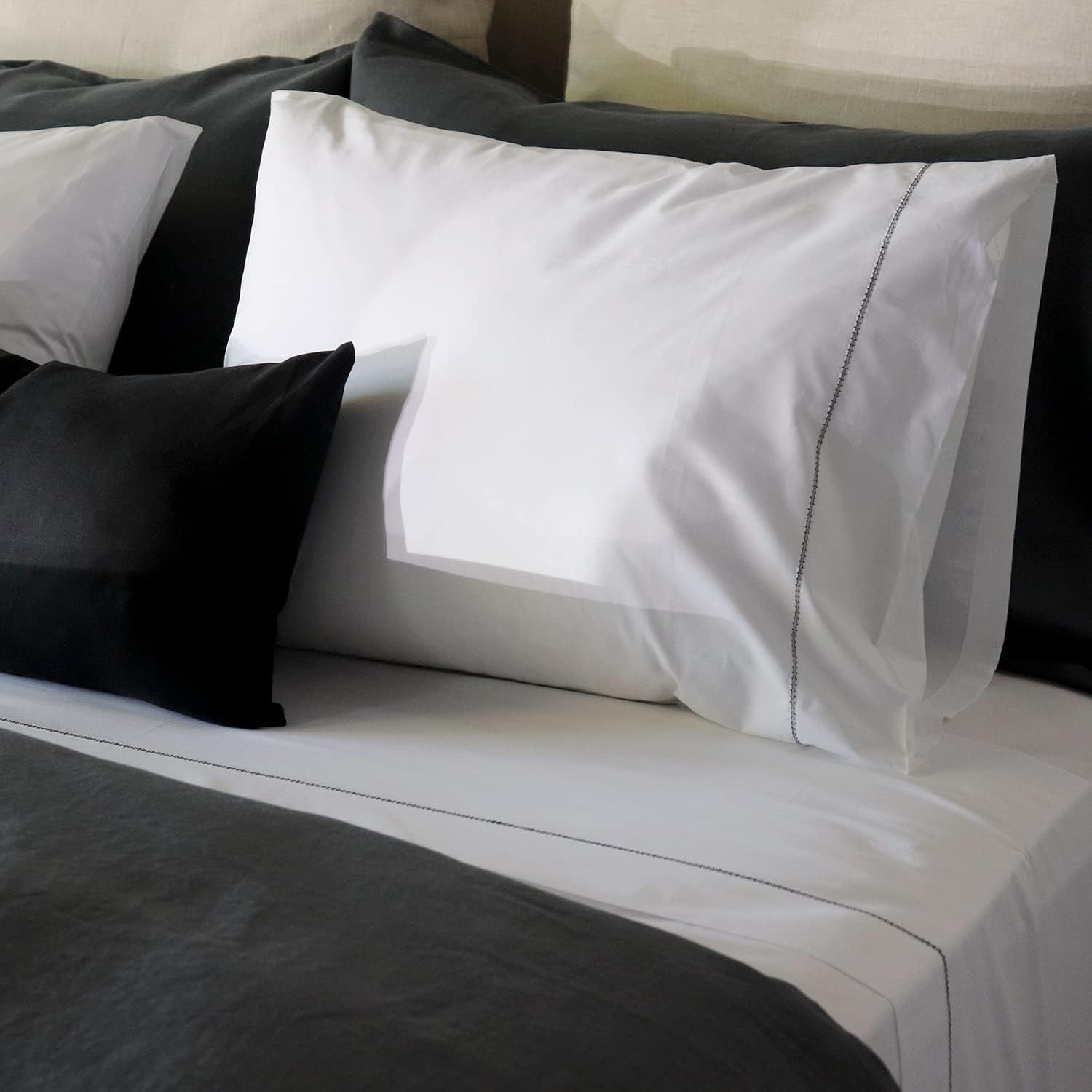 Huddleson 500TC Cotton Percale Sheet Set | White Italian Luxury Sheets with Black Hemstitch Trim – Queen