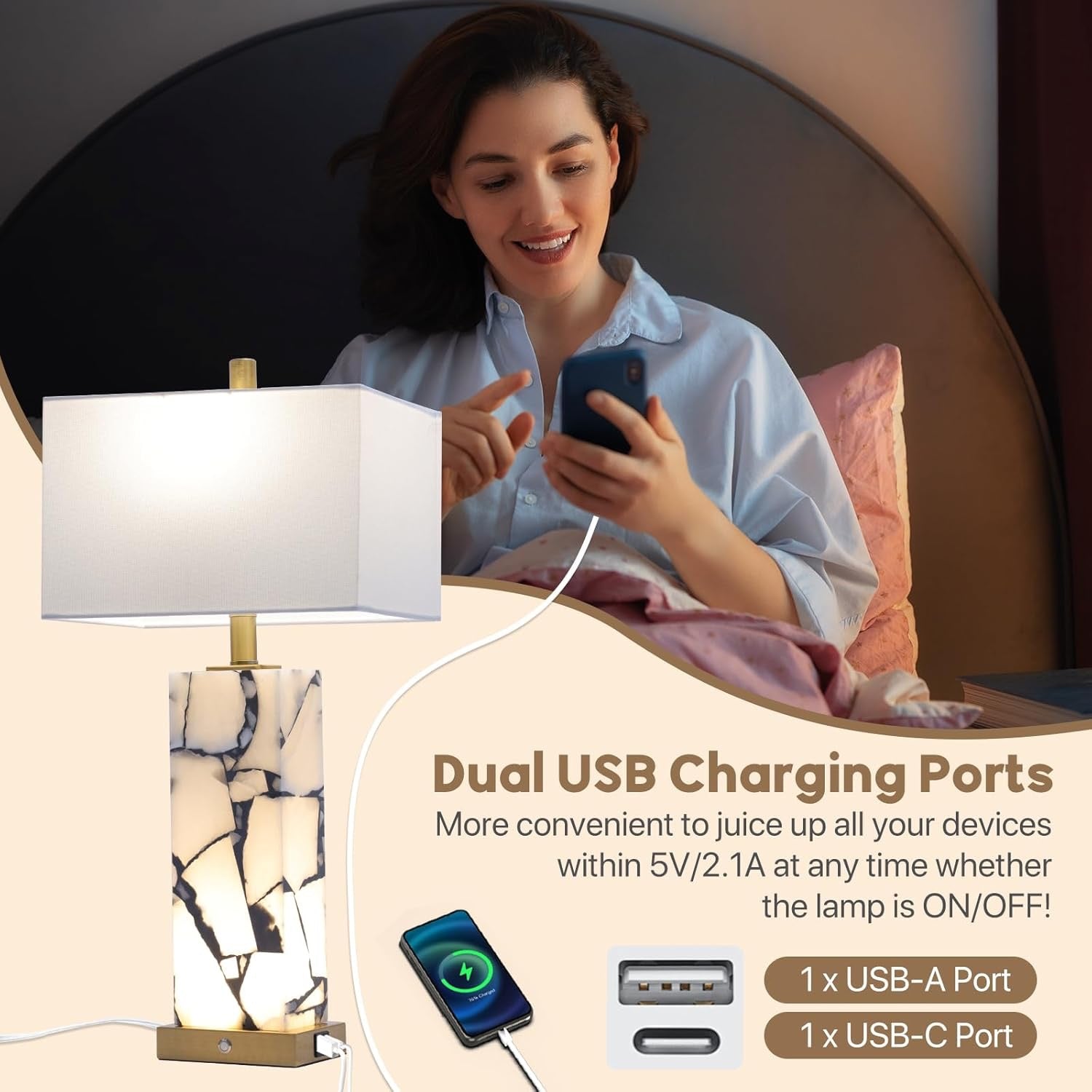 Natural Marble Alabaster Table Lamps Set of 2 | 3-Color LED Bedside Lamps with USB Ports & Nightlight