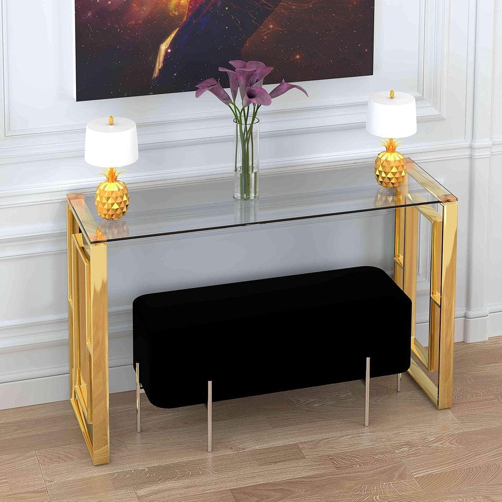 Cortesi Home Laila Gold Console Table | Stainless Steel Frame with Clear Glass Top (47”)