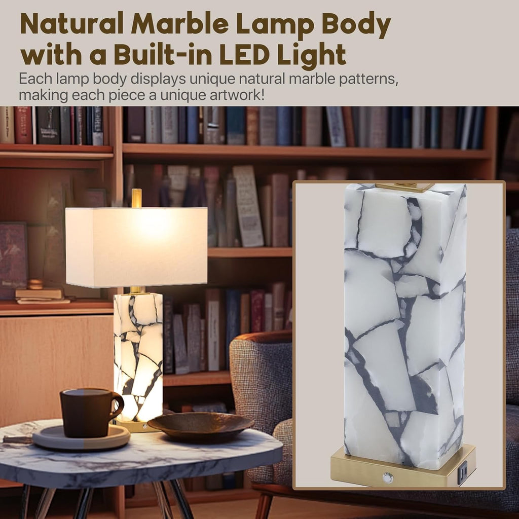 Natural Marble Alabaster Table Lamps Set of 2 | 3-Color LED Bedside Lamps with USB Ports & Nightlight