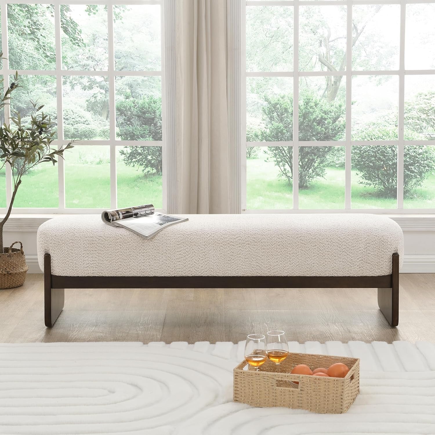 Christopher Knight Home Arden Minimalist Loop Yarn Ottoman Bench | Rubberwood Frame Entryway & Bedroom Bench