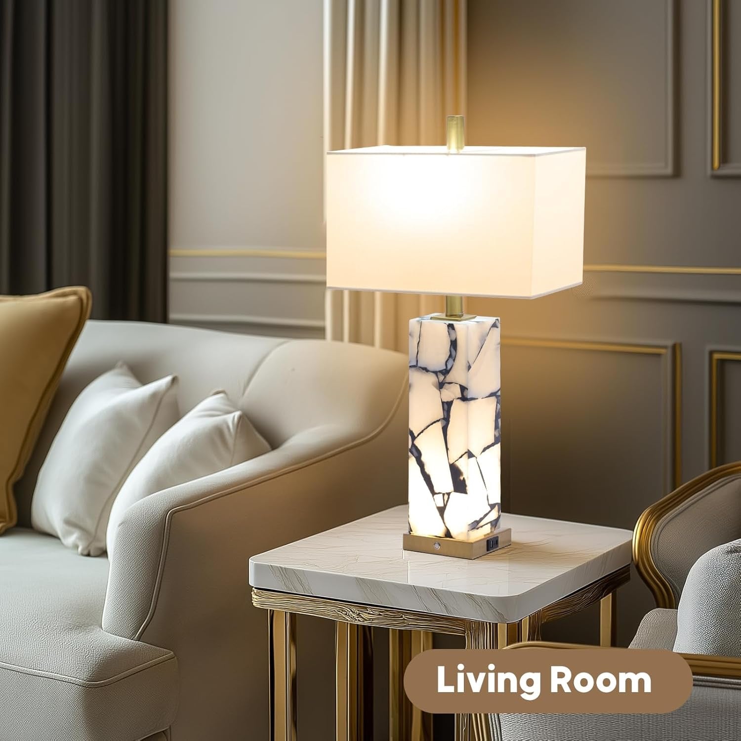 Natural Marble Alabaster Table Lamps Set of 2 | 3-Color LED Bedside Lamps with USB Ports & Nightlight
