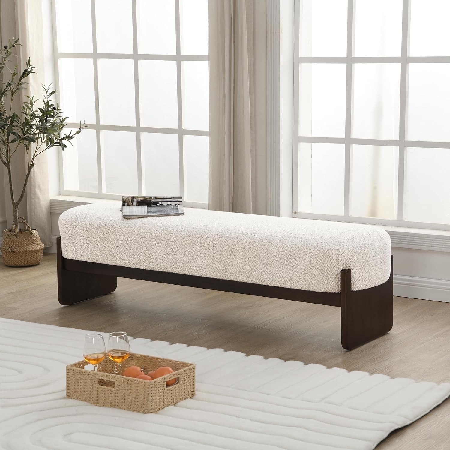 Christopher Knight Home Arden Minimalist Loop Yarn Ottoman Bench | Rubberwood Frame Entryway & Bedroom Bench