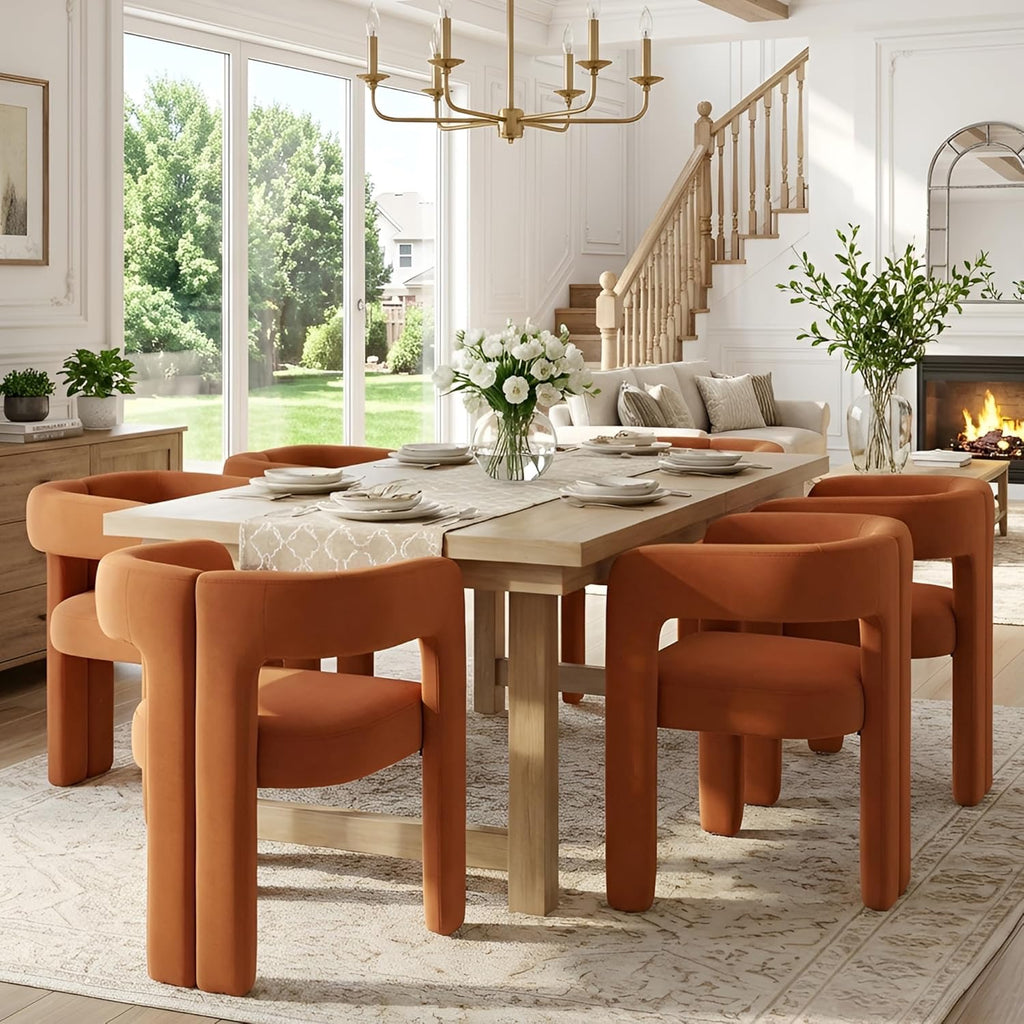 VESCASA Modern Barrel Dining Chairs Set of 6 | Orange Velvet Open-Back Upholstered Armchairs with Wood Legs