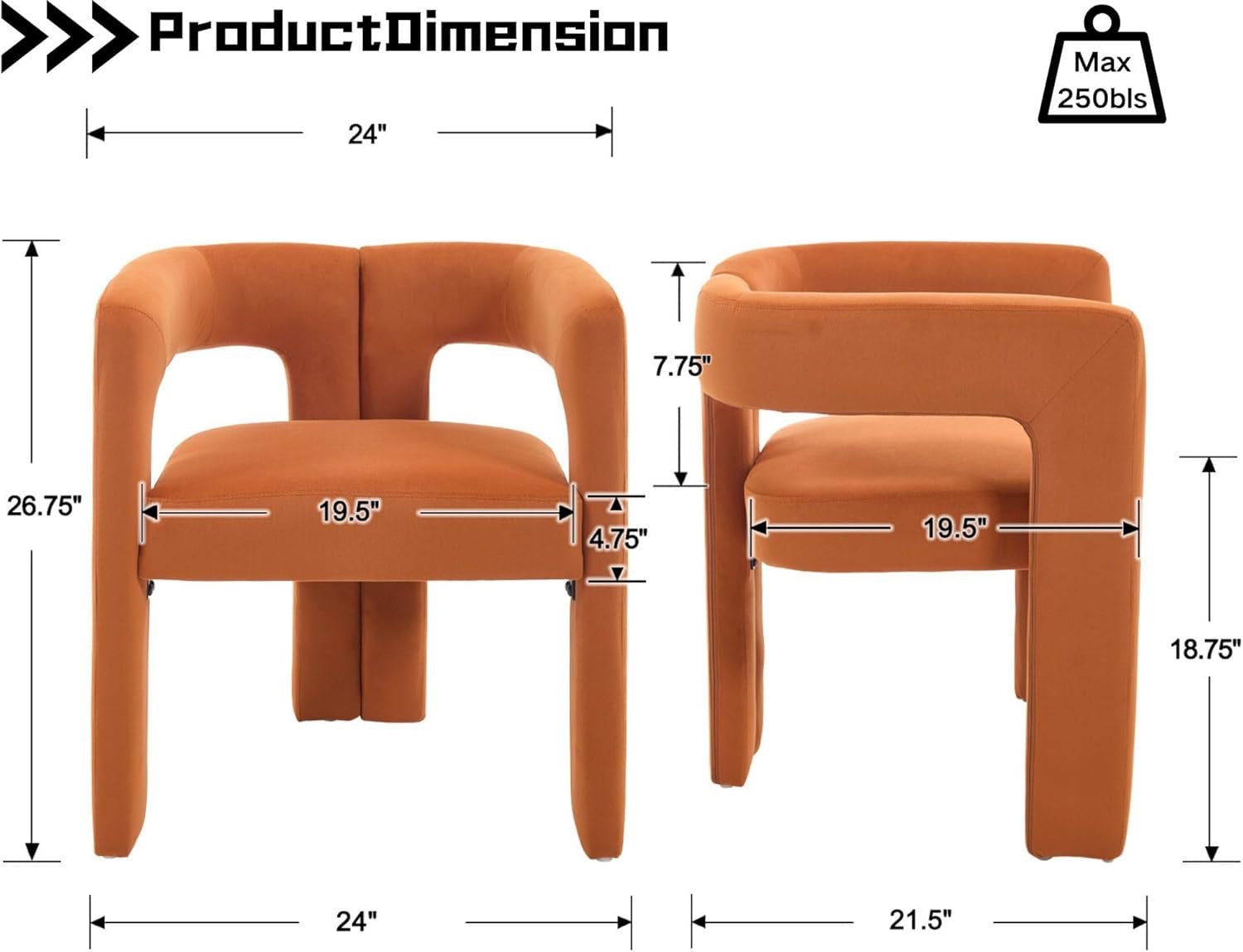 VESCASA Modern Barrel Dining Chairs Set of 6 | Orange Velvet Open-Back Upholstered Armchairs with Wood Legs