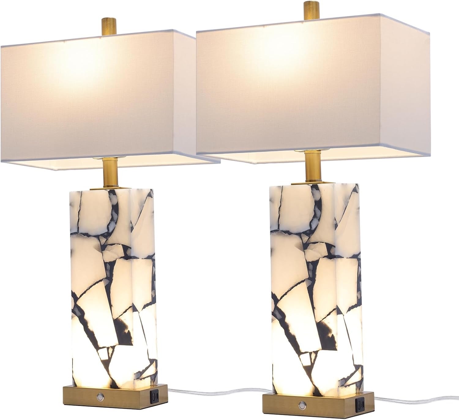 Natural Marble Alabaster Table Lamps Set of 2 | 3-Color LED Bedside Lamps with USB Ports & Nightlight