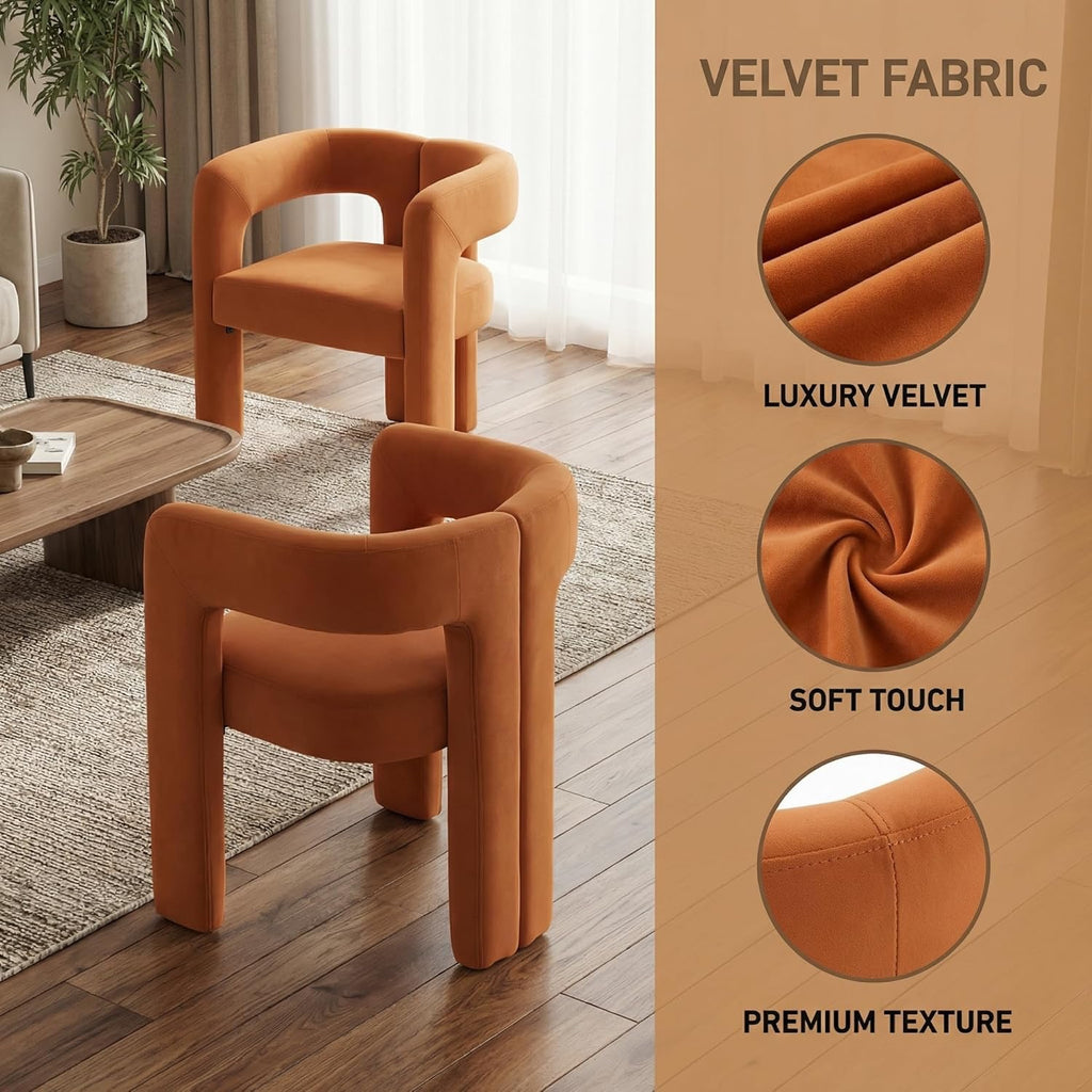 VESCASA Modern Barrel Dining Chairs Set of 6 | Orange Velvet Open-Back Upholstered Armchairs with Wood Legs