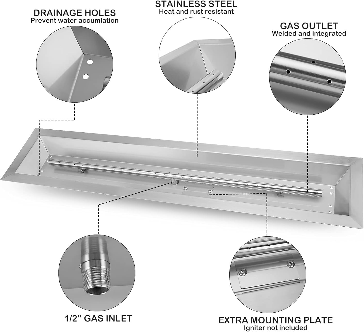 Stanbroil Linear Natural Gas Fire Pit Burner Kit – 48-Inch Stainless Steel DIY Fireplace Insert