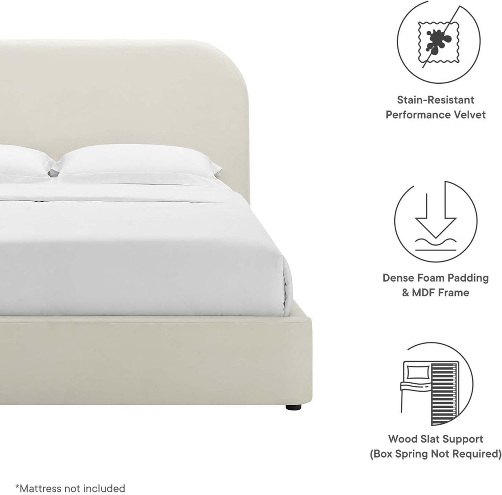 Modway Keynote King Upholstered Platform Bed | Curved Low-Profile Alabaster Velvet Cloud Frame