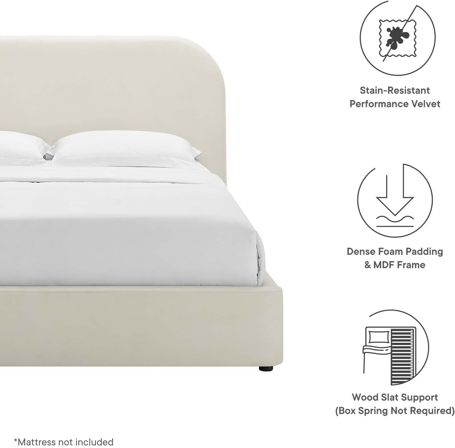 Modway Keynote King Upholstered Platform Bed | Curved Low-Profile Alabaster Velvet Cloud Frame