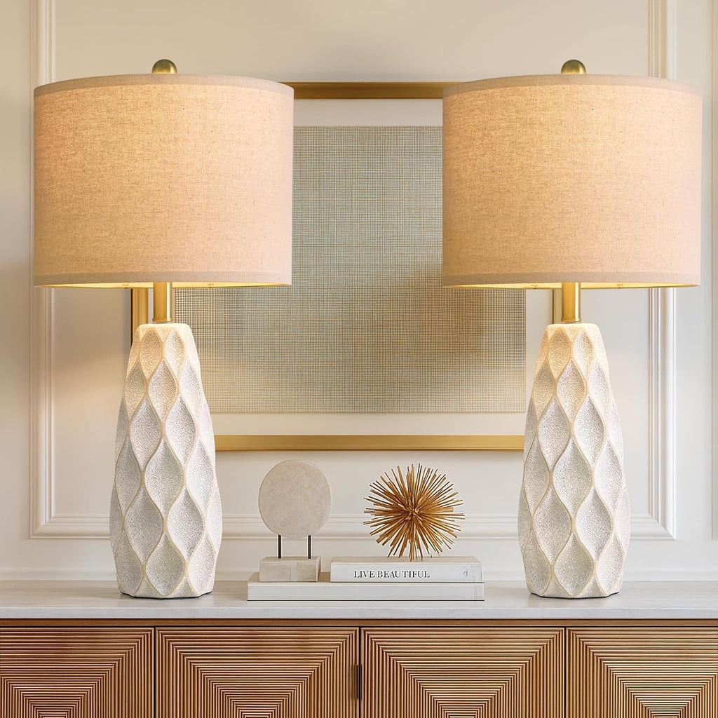 27.5″ Ceramic Table Lamps (Set of 2) | Modern Boho Bedside & Living Room Lamps (White)