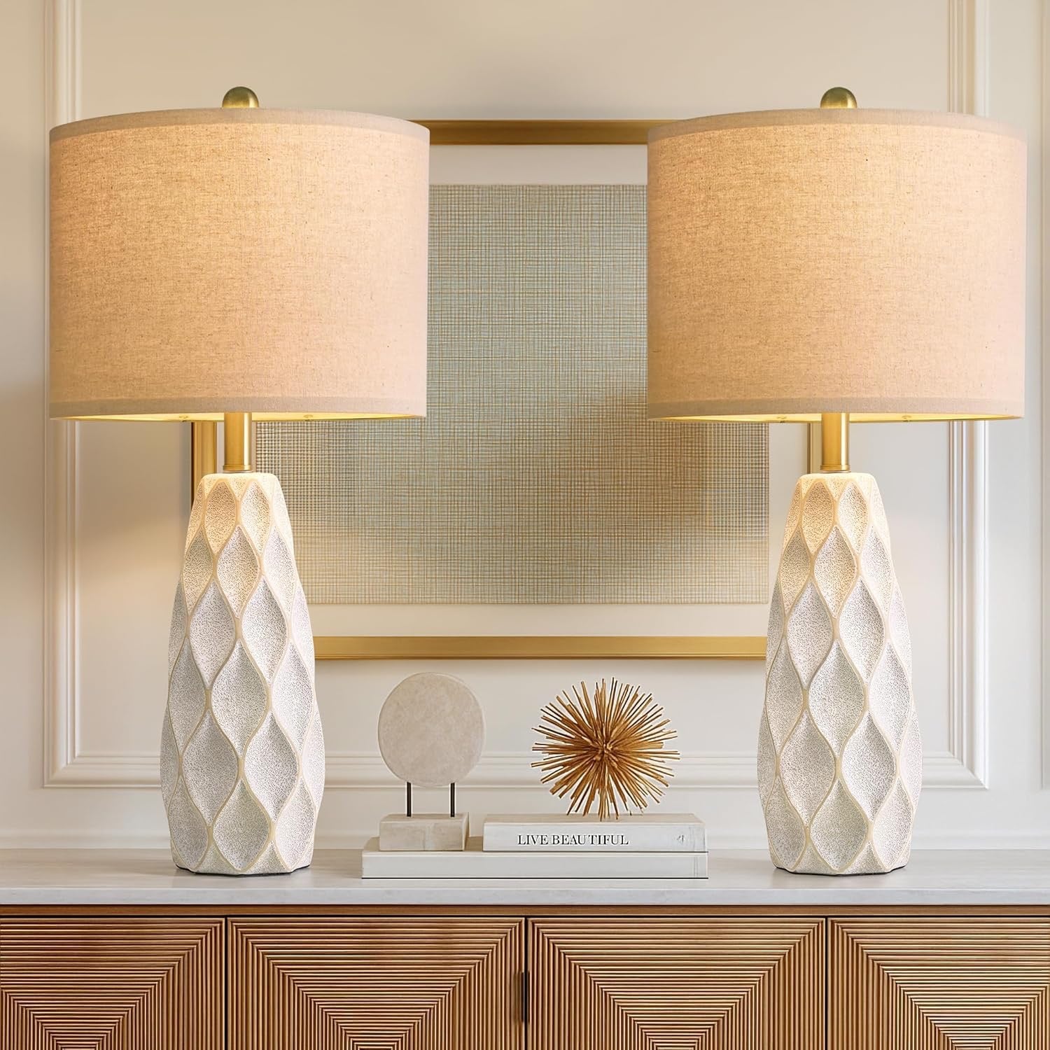 27.5″ Ceramic Table Lamps (Set of 2) | Modern Boho Bedside & Living Room Lamps (White)