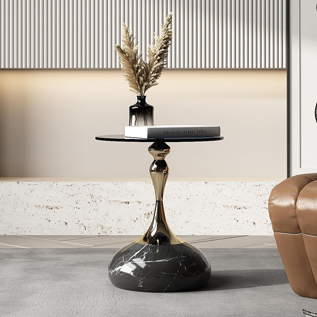 Lartis Tempered Glass Side Table | Gray Glass Accent Table with Marble Base & Gold/Black Frame