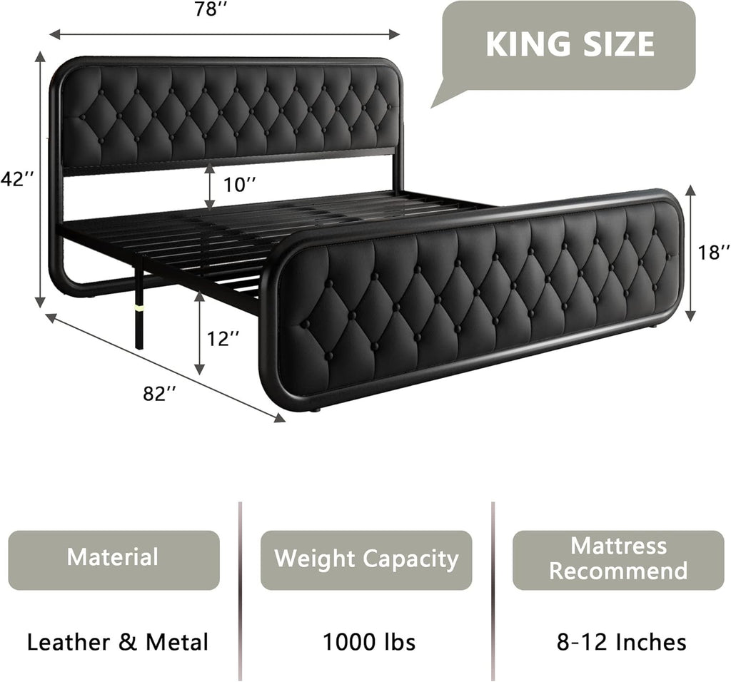 Feonase King Upholstered Platform Bed | Faux Leather Headboard with Metal Slat Support – Black