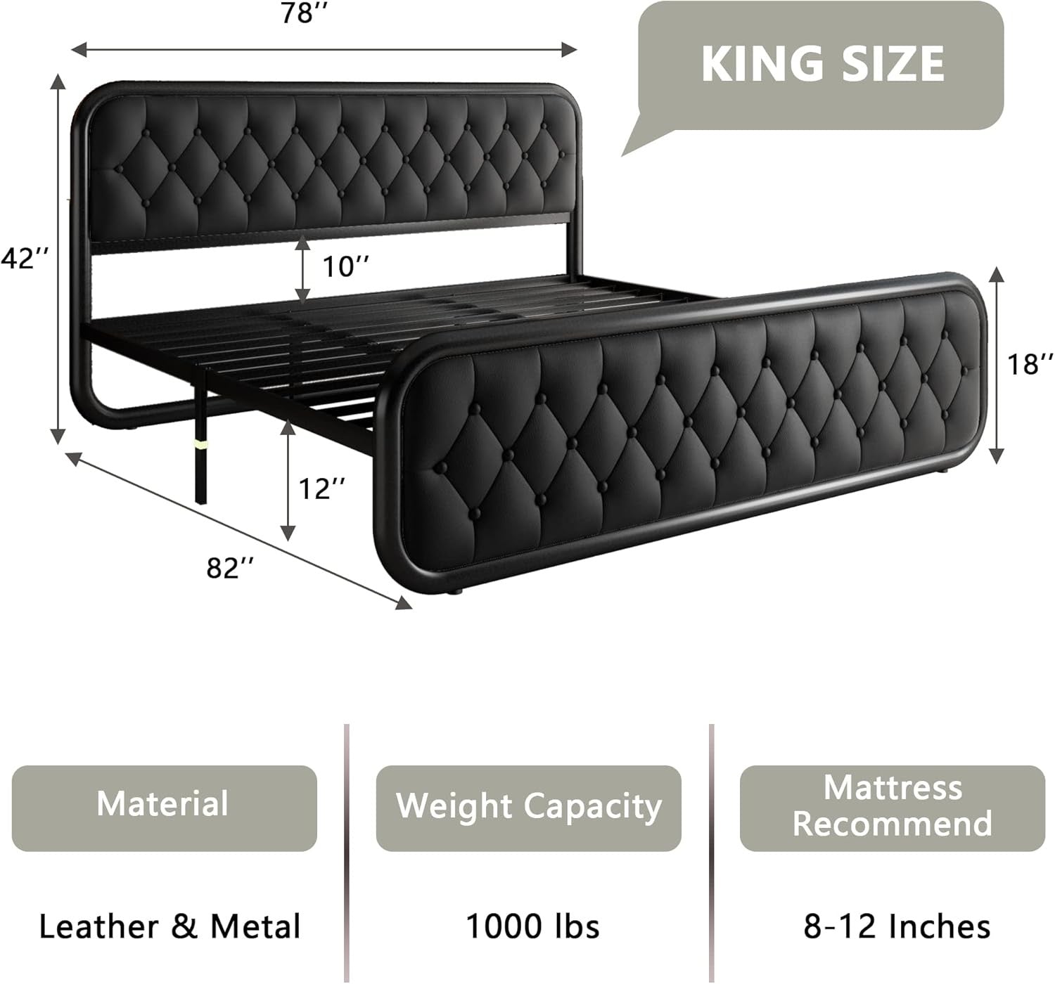 Feonase King Upholstered Platform Bed | Faux Leather Headboard with Metal Slat Support – Black