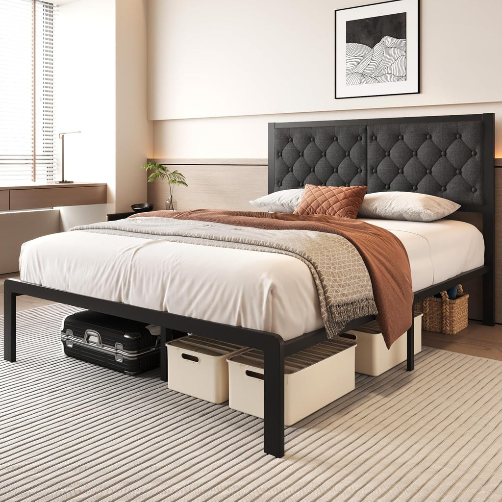 Queen Linen Upholstered Platform Bed Frame | Metal Slat Support Bed with Headboard (Grey)
